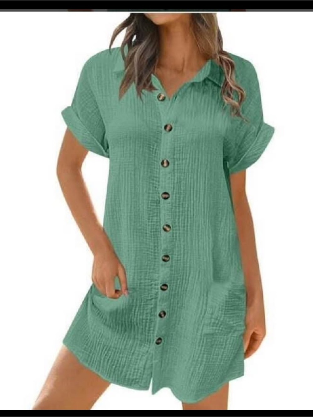 Women’s Washed Green cotton Button-Front Swim Cover-Up Dress